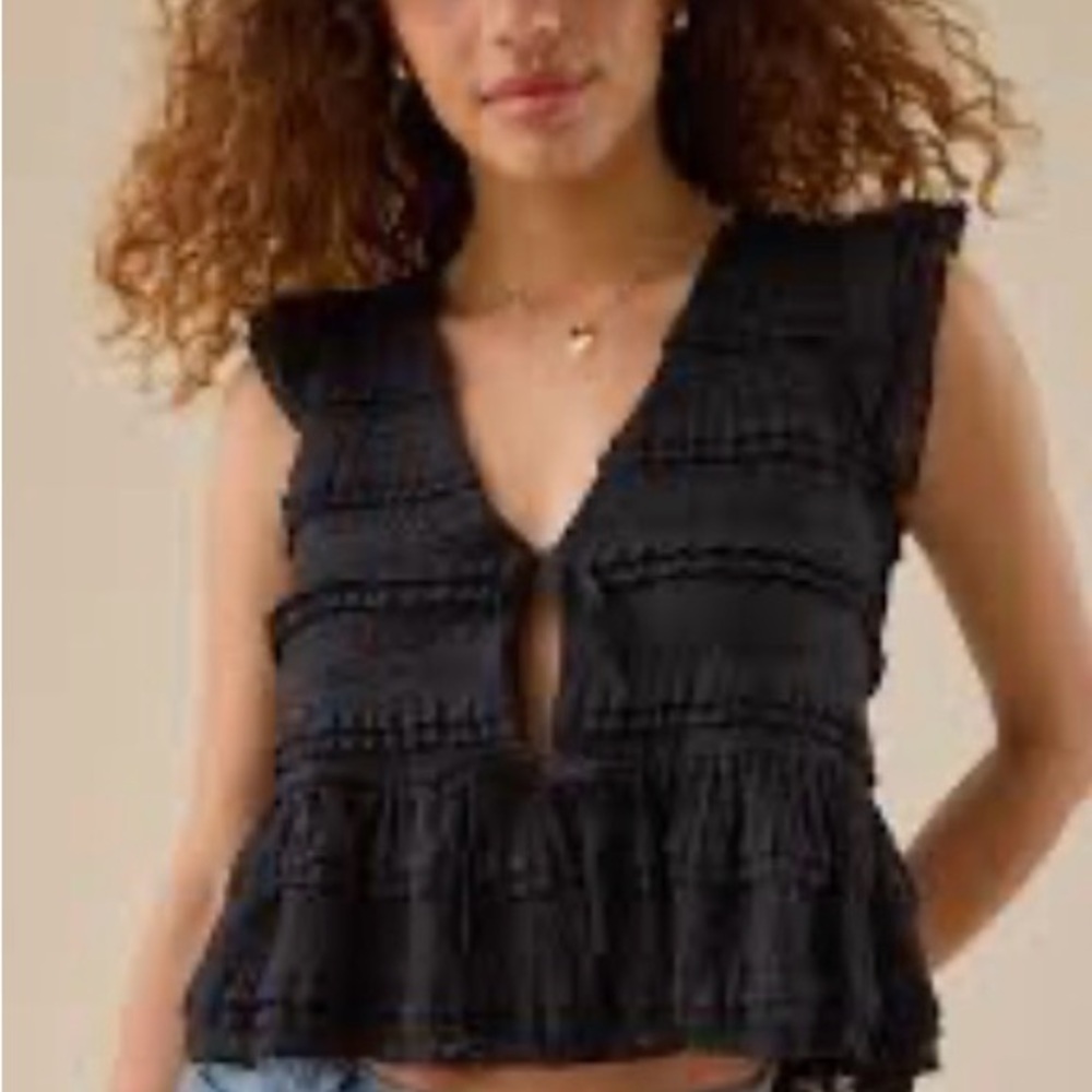 Altar'd State Madelin Black Ruffle Tie Front Crop Top Smocked Peplum XS